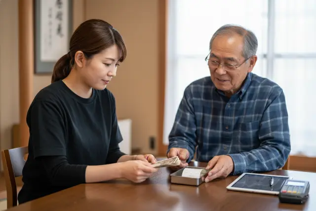 遺品整理の後会計している画像